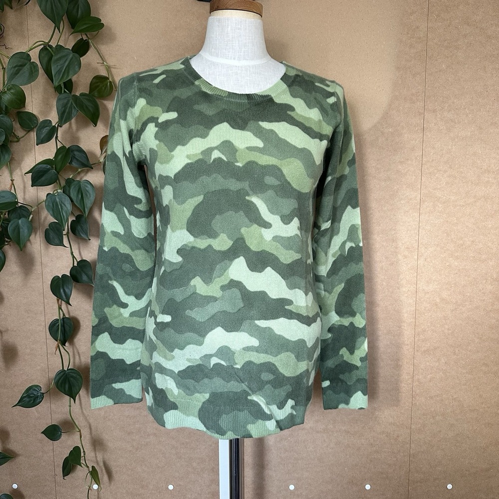NWT Charter Club Women's 100% Cashmere Camo-Print Crewneck Sweater S Green